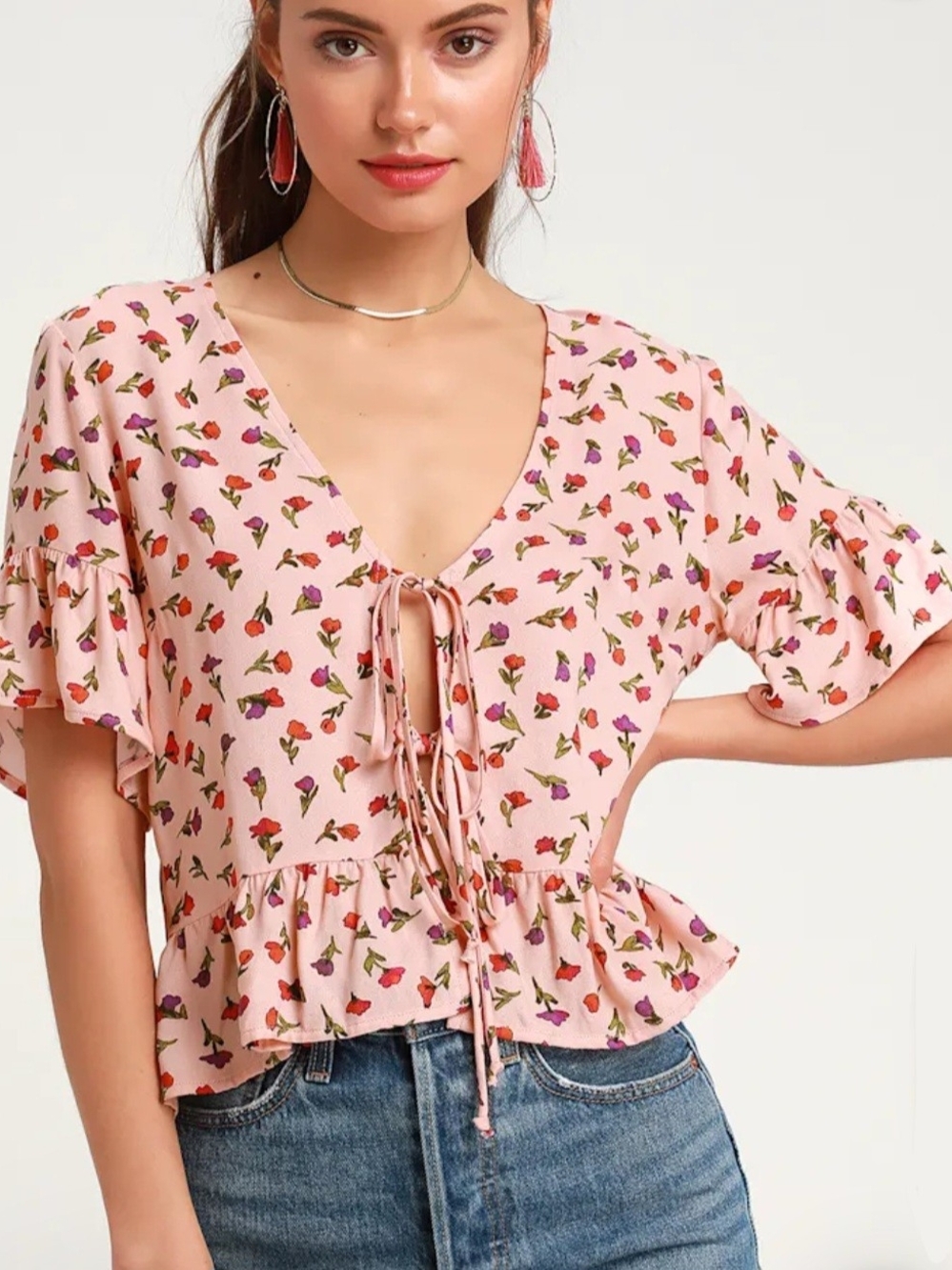 Lulus Breah Blush  Pink Floral Tie-Front Ruffle Top